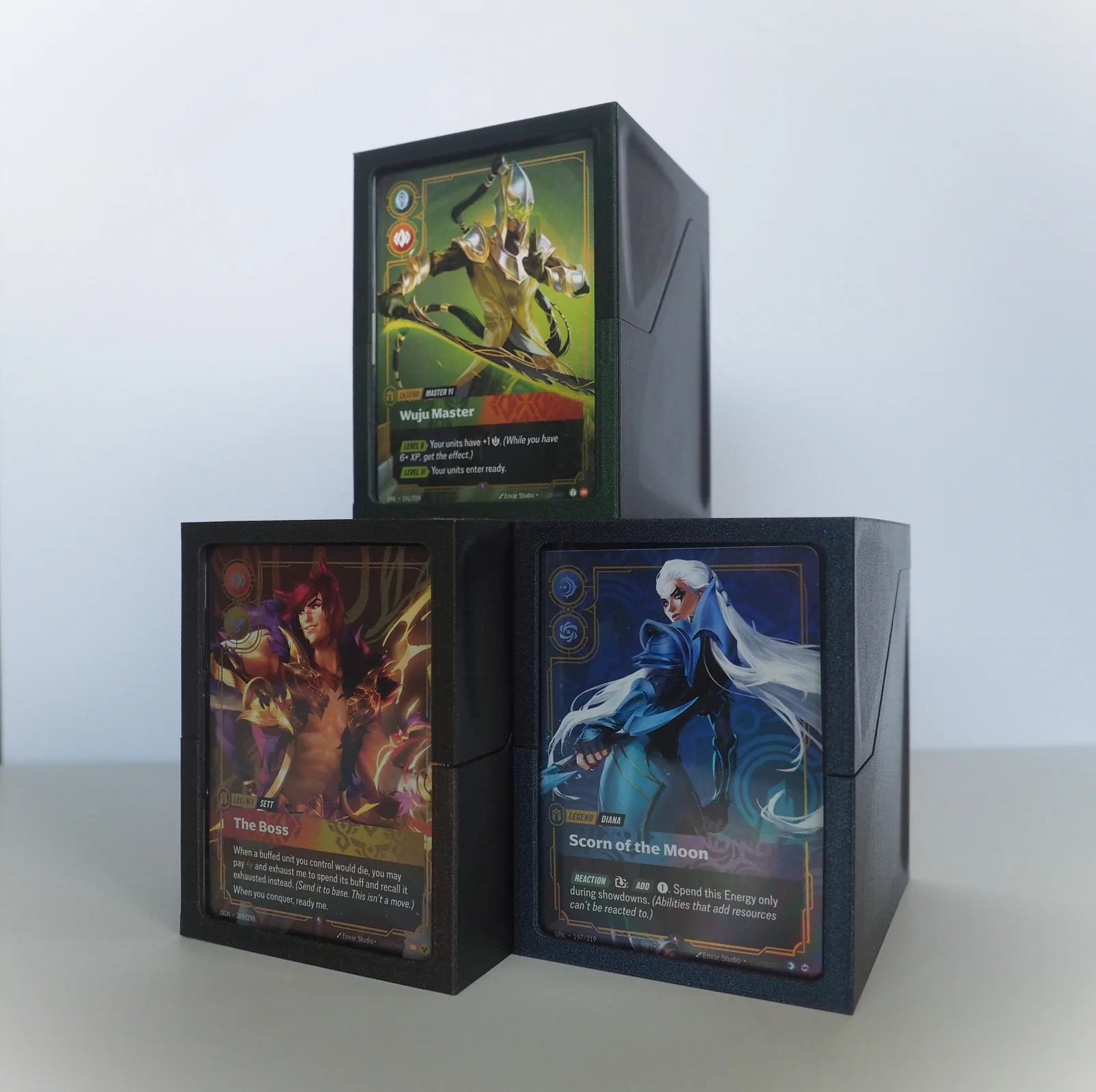 Three Stala3D Riftbound deckboxes displaying Legend cards