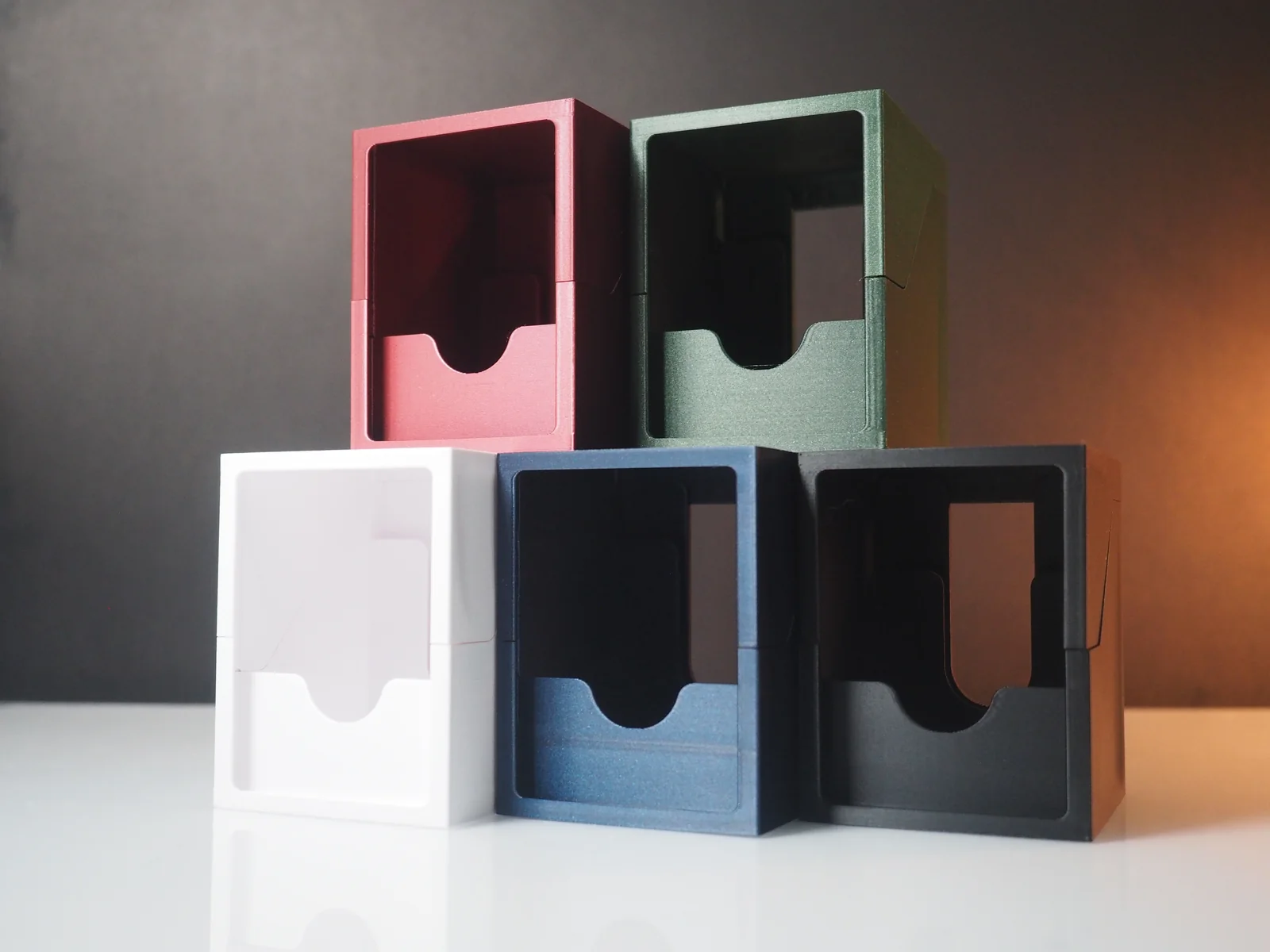 Magic deckboxes in white, blue, black, green, and red