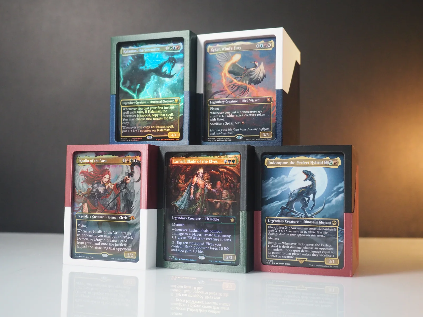 Magic deckboxes with displayed Commander cards in several colors